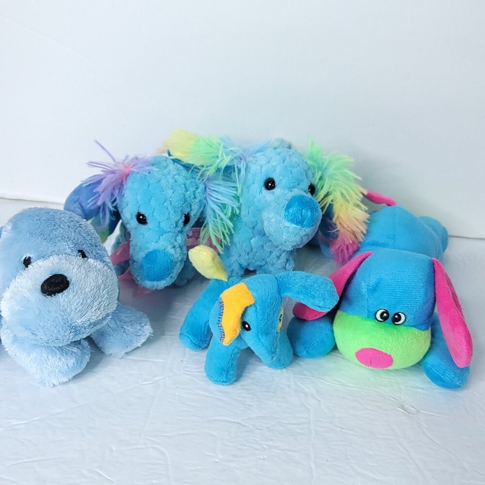 Lot of 5 Blue Florescent Green  Puppy Dogs Brown Soft Plush Stuffed Animals Toys